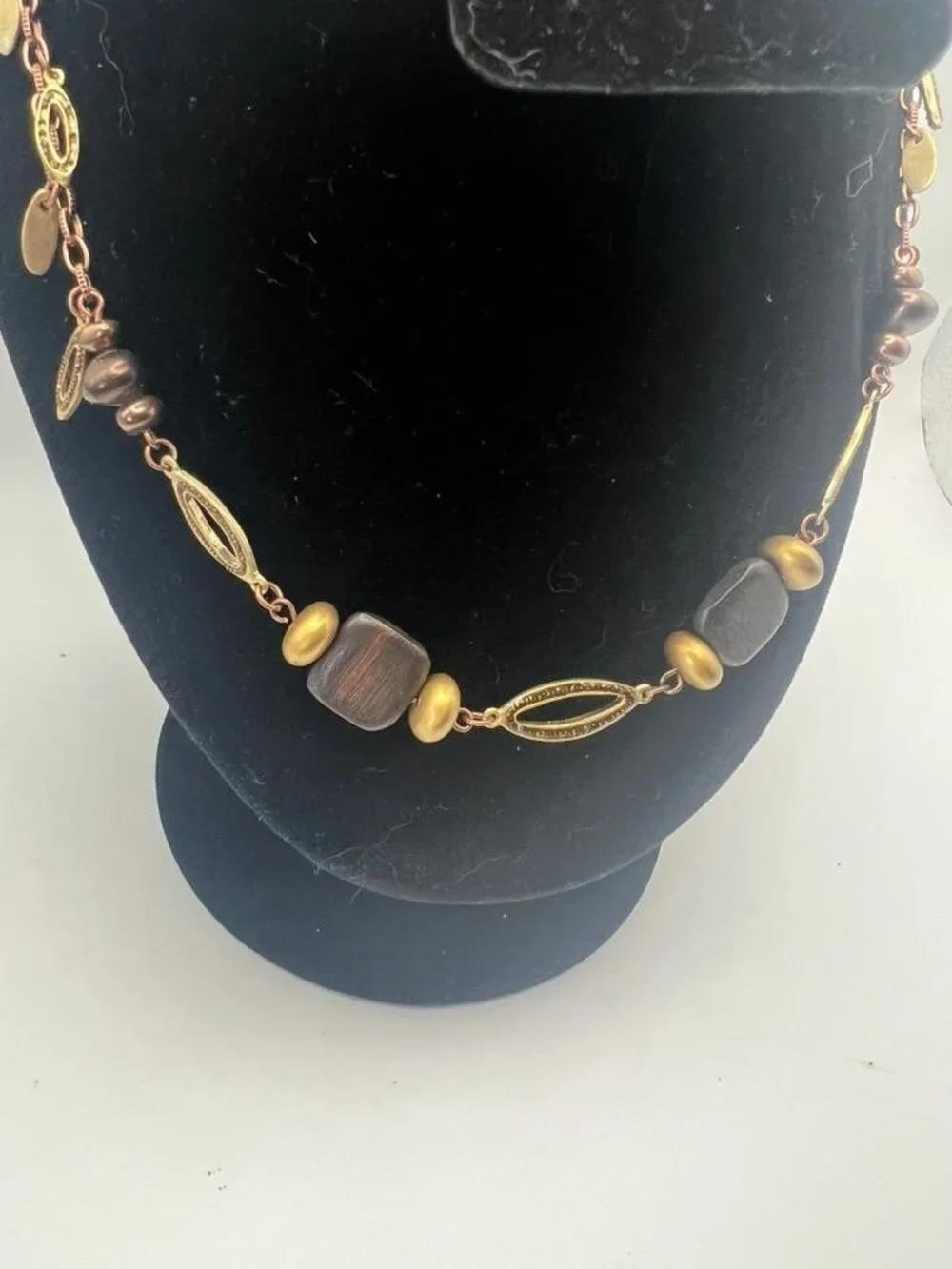 Vintage Coldwater Creek Necklace Wood Bead Brass Filigree Leaf Charm